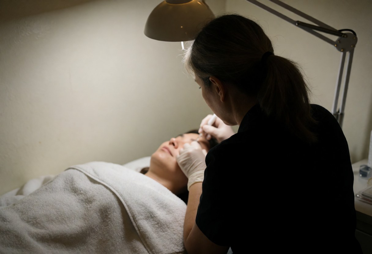 Aesthetician wearing gloves applies facial serum to a client resting on a white towel in a warm-toned room