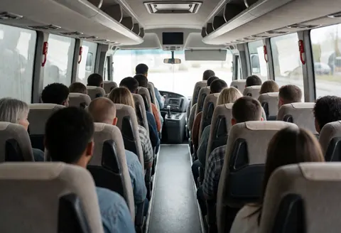 Interior view of a tour bus with seated passengers, a central aisle, and the driver at the front, showcasing active transportation service.