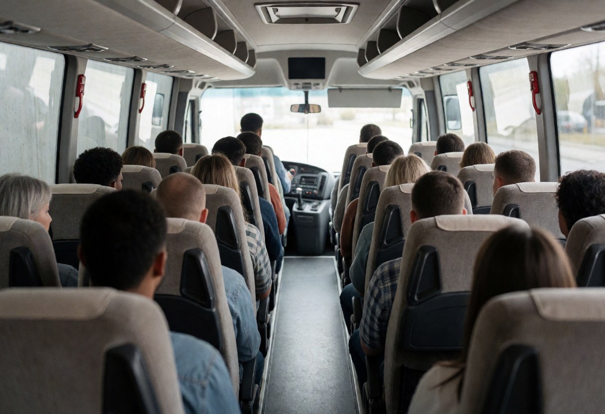 Interior view of a tour bus with seated passengers, a central aisle, and the driver at the front, showcasing active transportation service.