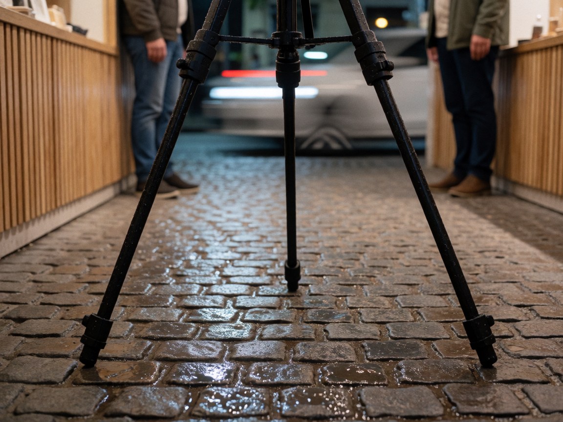 Black tripod on wet cobblestone street with blurred car lights, wooden walls, working hands, kinetic photographer, team, detail, tools, work, alley, urban street