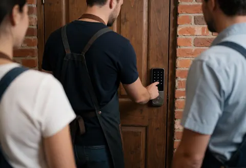 A locksmith adjusts a smart lock on a wooden door with brick walls while two people watch closely.