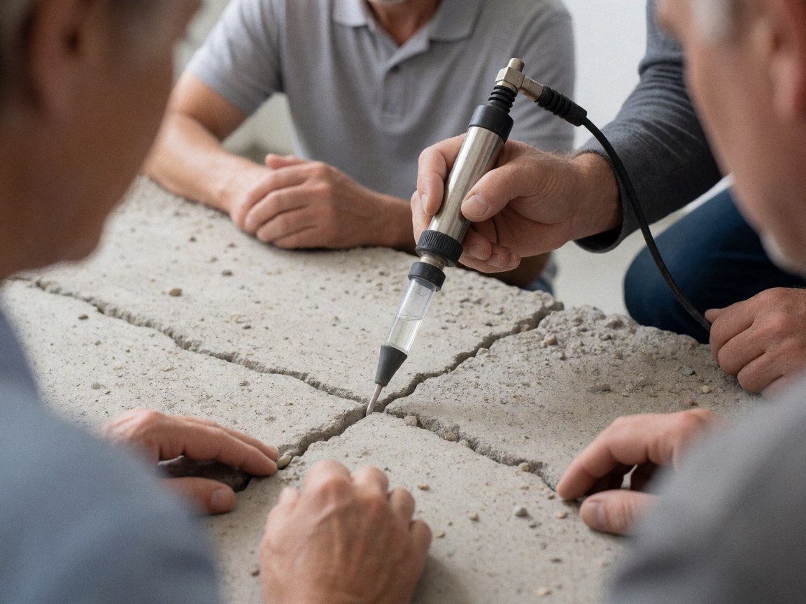 Construction worker injecting epoxy resin into a concrete crack for structural repair while colleagues observe the process