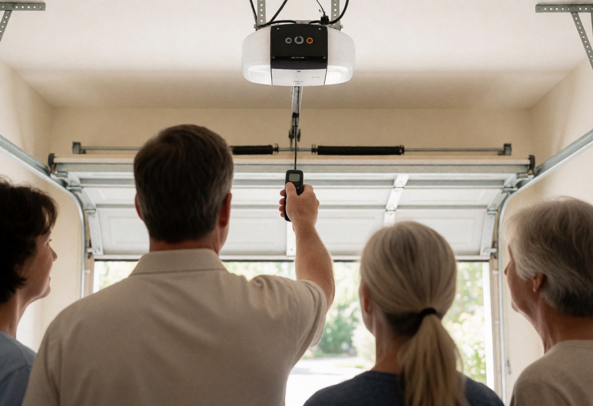 Technician testing a garage door remote control while the motor and door are in motion inside a garage with painted walls and natural light.