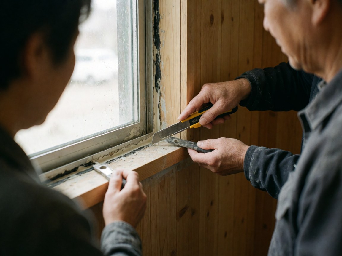 Close-up of a hand using a knife to scrape old sealant from a wooden window frame next to a panel wall during window installation service
