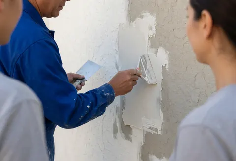 A painter in blue applies white compound to an exterior wall with a tool while two people watch the work.
