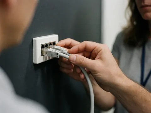 Close-up of a technician connecting an ethernet cable to a wall-mounted security port in an office setting