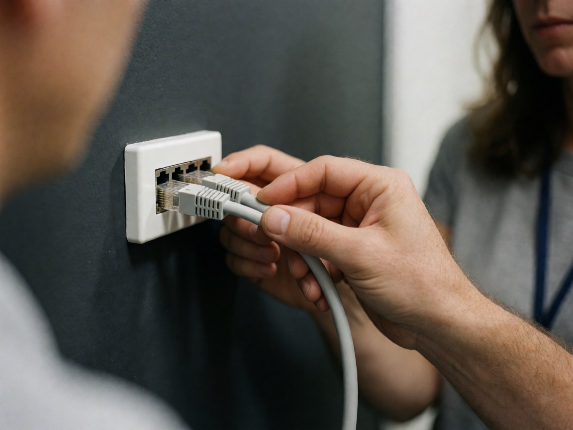 Close-up of a technician connecting an ethernet cable to a wall-mounted security port in an office setting