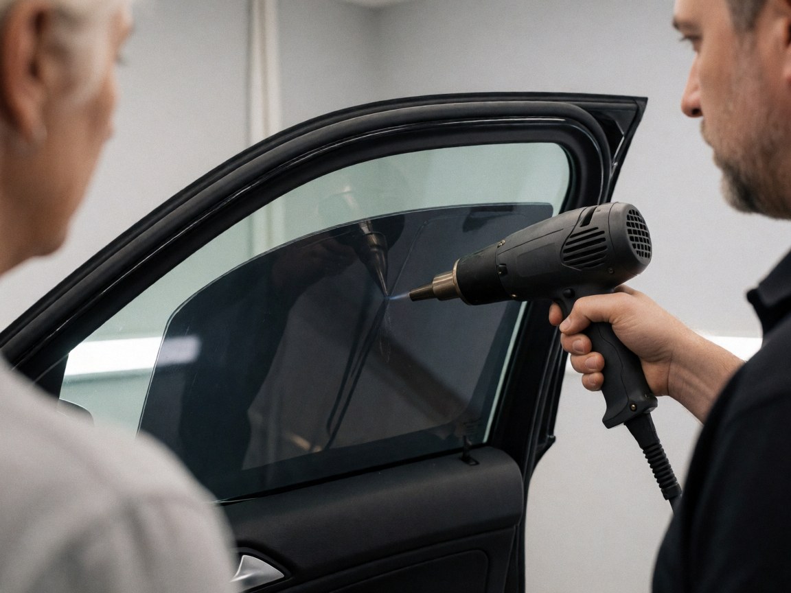 A technician uses a heat gun to apply dark film to a car window while a customer watches the auto accessory service.