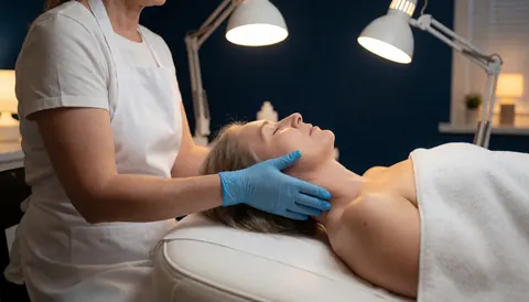 Aesthetician wearing a blue glove massages a client's neck on a white treatment table in a spa setting with dark blue walls and professional lighting.