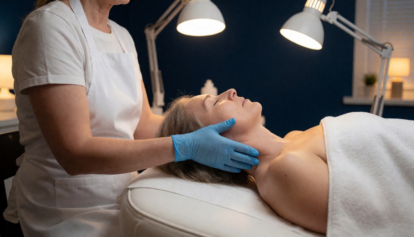 Aesthetician wearing a blue glove massages a client's neck on a white treatment table in a spa setting with dark blue walls and professional lighting.