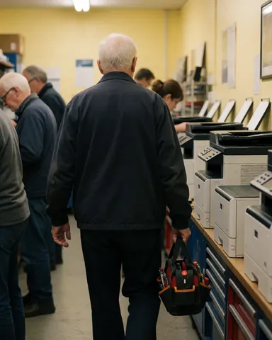 Printer repair technician carrying a tool bag and walking toward printers in a workshop with yellow walls and visible equipment.