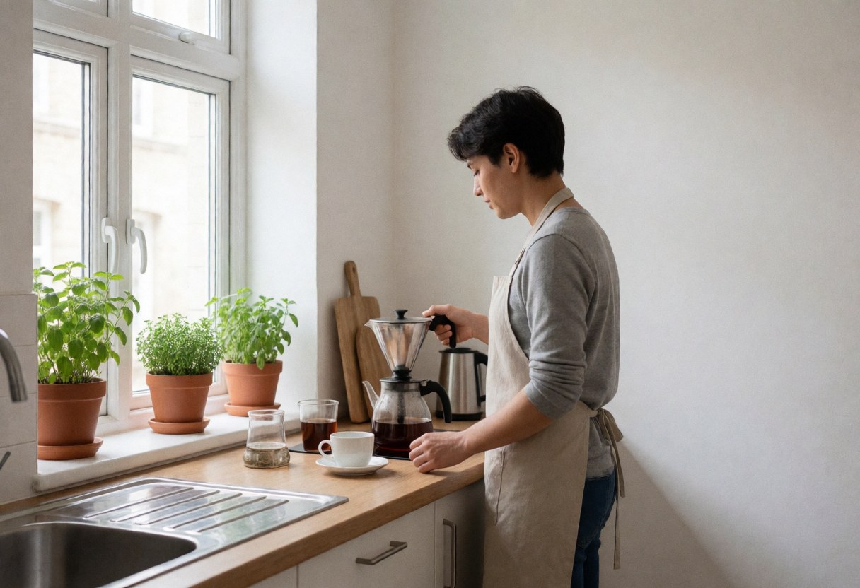 A person wearing an apron prepares tea using a filter in a kitchen with a window and plants, showing service in action at a bed and breakfast.