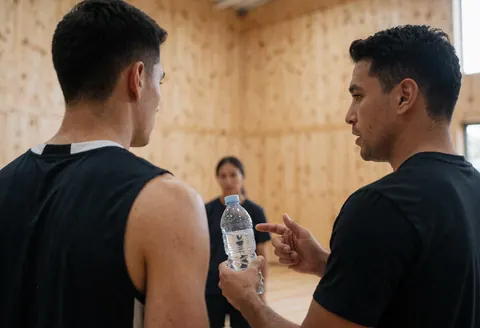 Basketball coach holding a water bottle while explaining hydration to a player in a gym with wooden walls