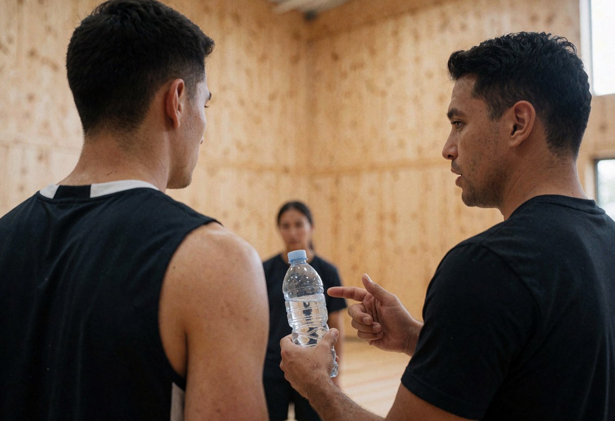 Basketball coach holding a water bottle while explaining hydration to a player in a gym with wooden walls