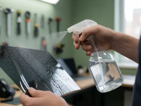 Close-up of a hand using a spray bottle to apply window tint film in an auto shop with tools on a green wall