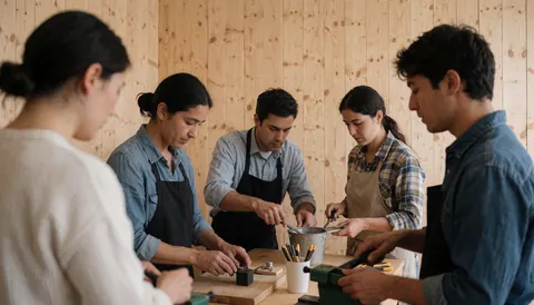 Five people wearing aprons work on a wooden table with carpentry tools in a workshop with wooden walls.
