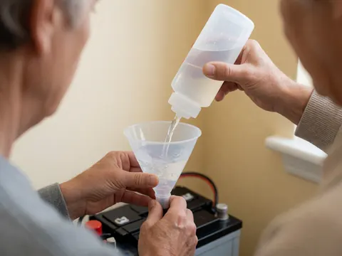 Hands using a funnel to fill a battery with distilled water during repair service