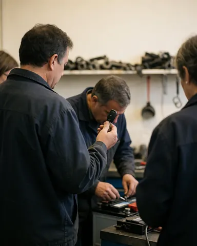 Technician working on a car battery in a professional auto repair shop with shelves of parts and white walls in the background.