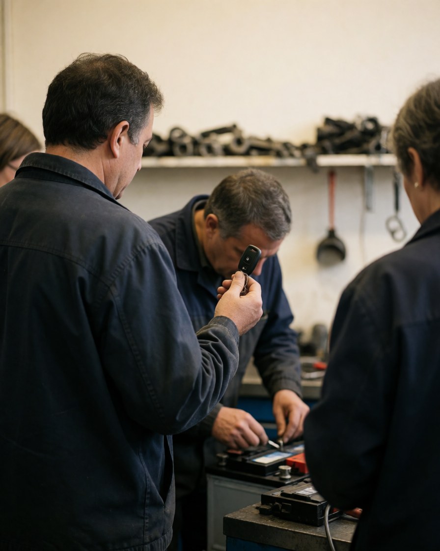 Technician working on a car battery in a professional auto repair shop with shelves of parts and white walls in the background.