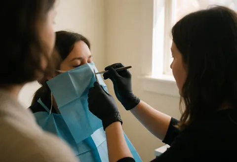Close-up of sterile scissors held in a gloved hand during a piercing service, with a blue drape visible in the background