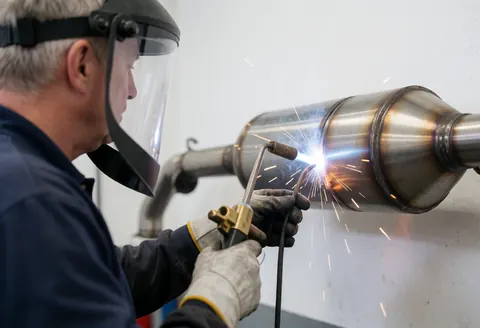 A worker uses a flame to cut a catalytic converter, sending sparks flying while wearing safety gear in a vehicle recycling workshop.