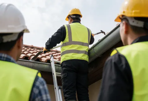 Technician wearing helmet and vest working on a metal gutter with red tiles and other workers observing nearby.