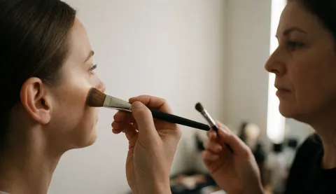 A makeup artist uses a brush to apply cosmetic product to a client's cheek in a beauty studio with a white background