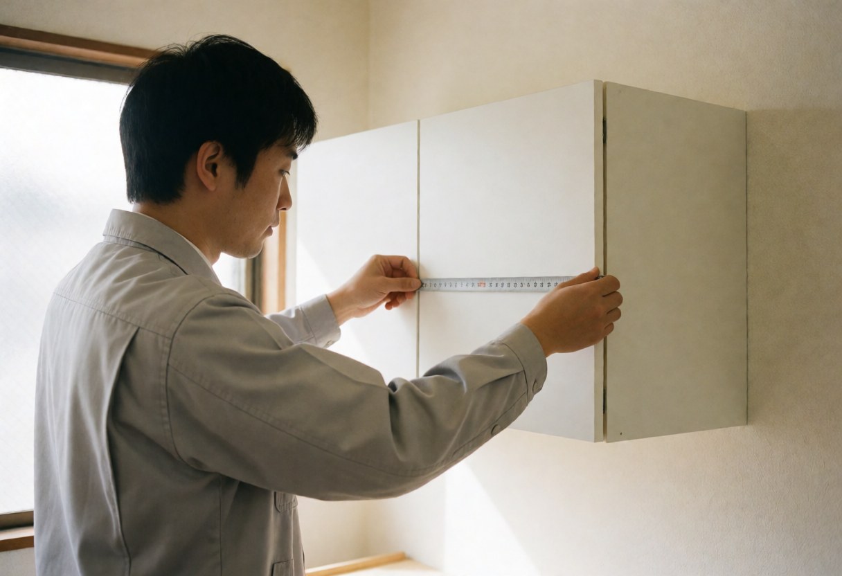 Technician in gray uniform measuring a white cabinet against a warm white wall with natural light during furniture assembly