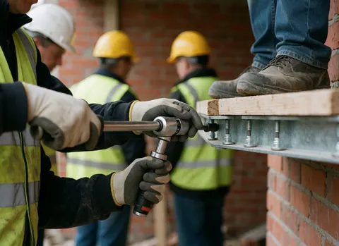 Close-up of hands using a torque wrench to secure a bolt on a metal framework at a construction site
