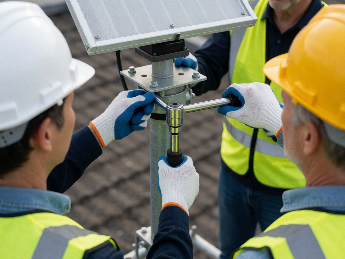 Technicians wearing hard hats and safety vests install a satellite antenna on a rooftop using a torque wrench.