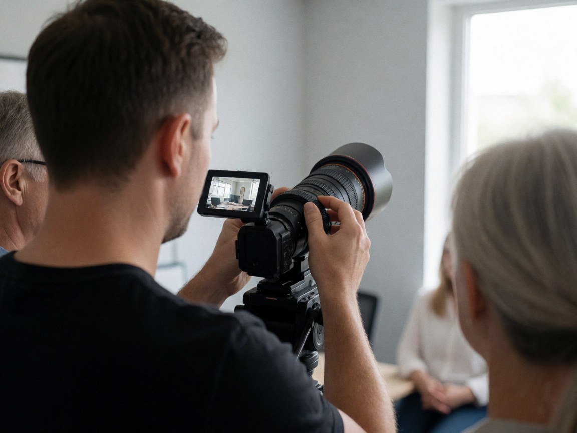 Videographer adjusting a professional camera lens in a modern office with natural light, showing work in action.