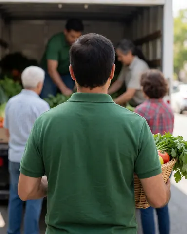 A happy customer holding a basket of fresh vegetables standing in front of a mobile vendor truck outdoors on a sunny day.