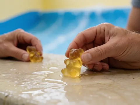 Colorful candy gummies resting on a wet surface near a wave pool with yellow walls, realistic water park scene detail