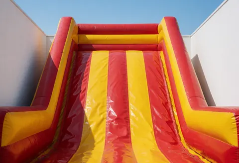 Red and yellow inflatable water slide at a water park with white walls and blue sky, promoting aquatic fun services