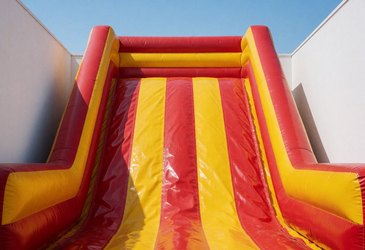 Red and yellow inflatable water slide at a water park with white walls and blue sky, promoting aquatic fun services