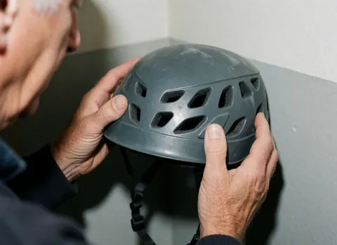 Close-up of hands checking the ventilation holes on a climbing helmet to ensure proper airflow and safety functionality.