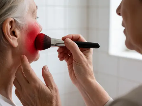 Close-up of a hand using a makeup brush to apply red blush to a cheek in a tiled bathroom setting for professional cosmetics service