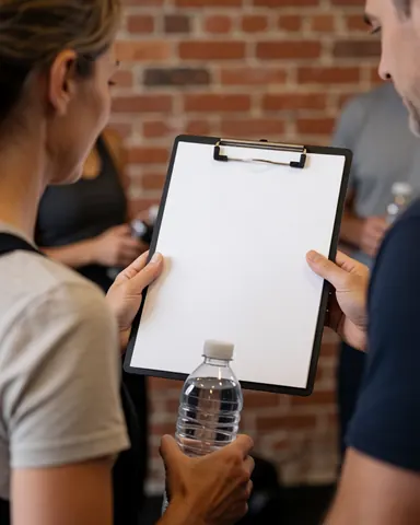 Fitness trainer holding a clipboard with a workout plan while talking to a female client in a gym with a brick wall.