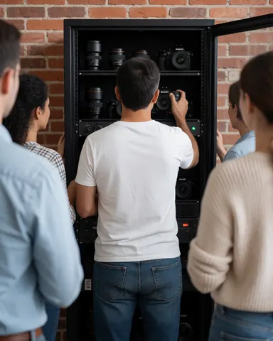A customer selecting a camera from a shelf of professional equipment in front of a brick wall.