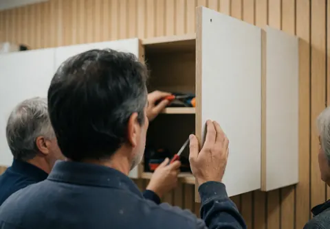 Close-up of a technician using tools to adjust a cabinet door in a workshop setting with wood paneling background