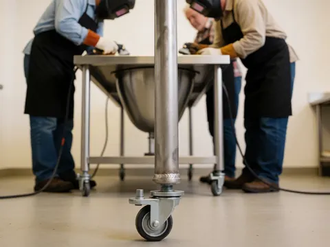 Close-up of an industrial table leg featuring a visible weld and an adjustable caster wheel in a commercial kitchen setting