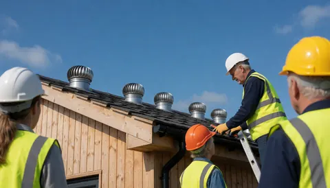 Workers wearing helmets and vests install roof fans on a wooden house under a clear blue sky.