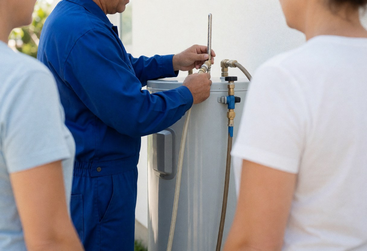 Technician in blue uniform checks water tank with tool while two people observe the service in action