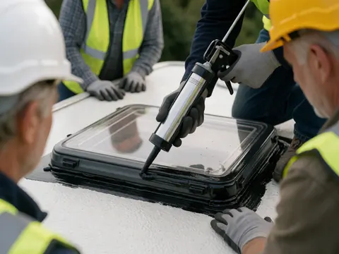 Worker in safety gear applies black sealant to a motorhome skylight frame while colleagues observe the repair process.