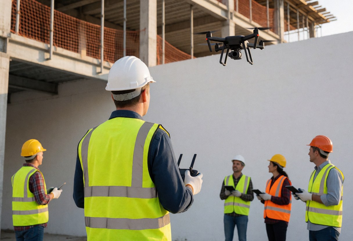 A drone technician operates a controller while workers with tablets observe the building construction site below.