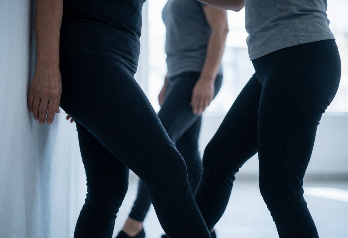 Three people practicing tango dance posture against a wall in a studio with natural light and athletic wear