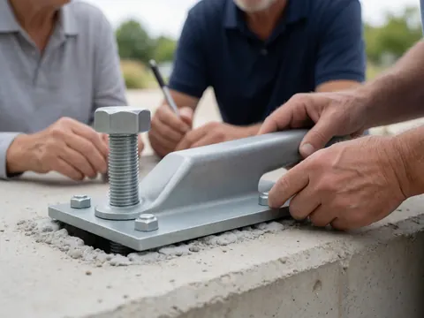 Close-up of a hand securing a metal plate anchor into concrete with a screw, showing the installation process in progress.
