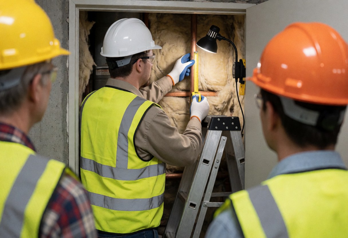 Technician in white hard hat measures copper pipe in insulated closet while two colleagues observe the work.