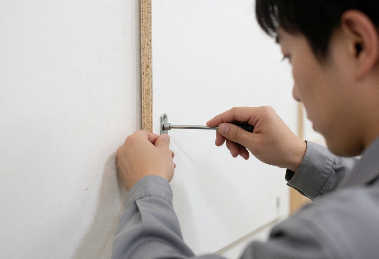 Close-up of a technician using a hex key to secure a cam lock into a white particle board panel during furniture assembly service