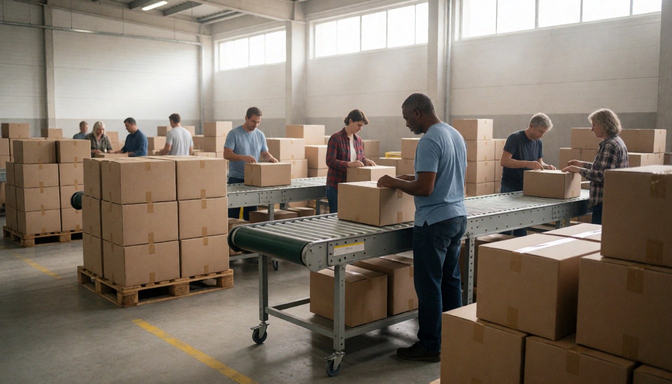 Workers labeling boxes on a conveyor belt in a distribution center with stacked packages and large windows